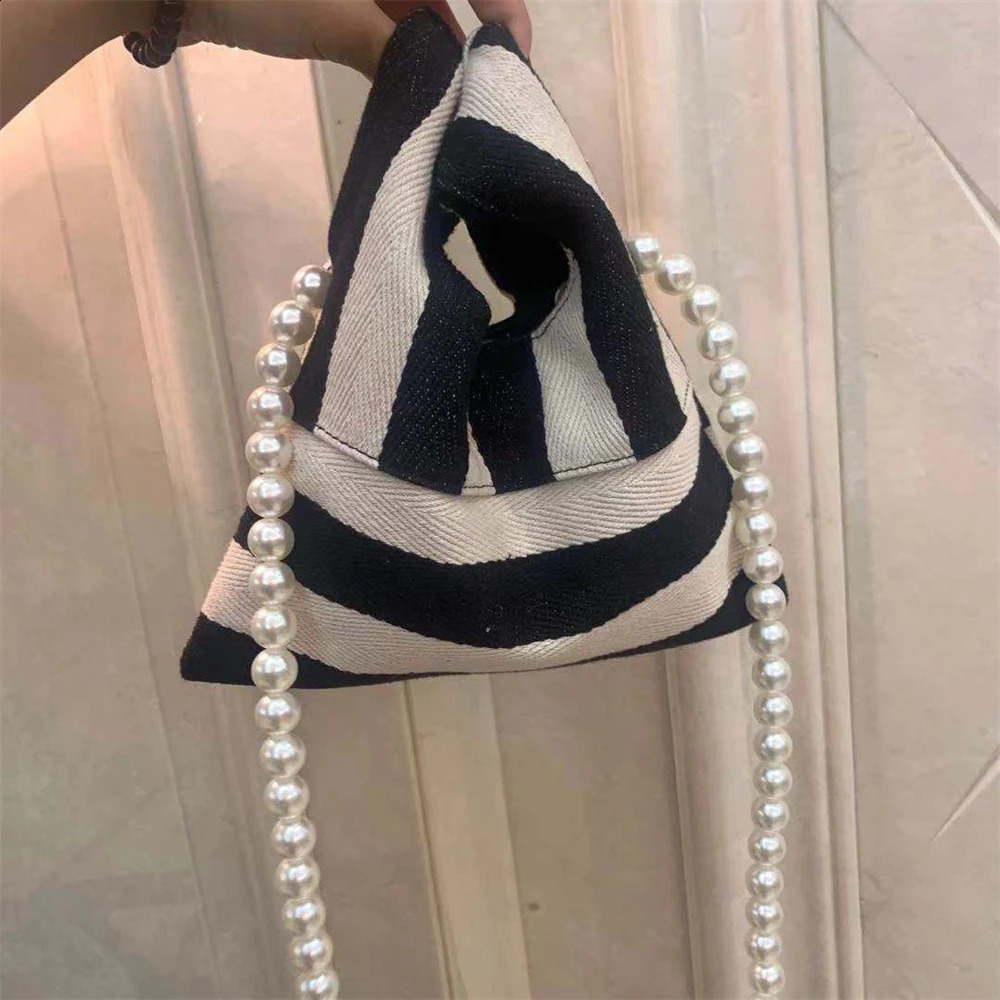 Pearl Striped Canvas Handbag Womens Cute Shoulder Bag Mini Student Diagonal Bag Bead Chain Horizontal Square Inner Bag 240904