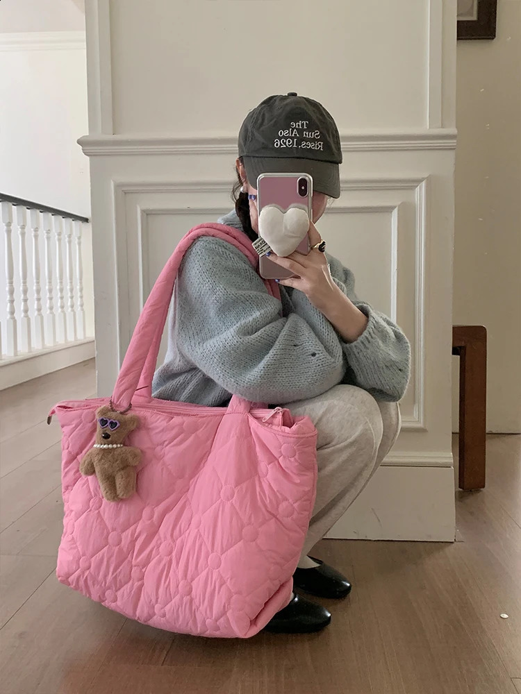 Pink Feather Shoulder Handbag for Women Large Capacity Cloud Bag for Women Cotton Bag for Women 240903