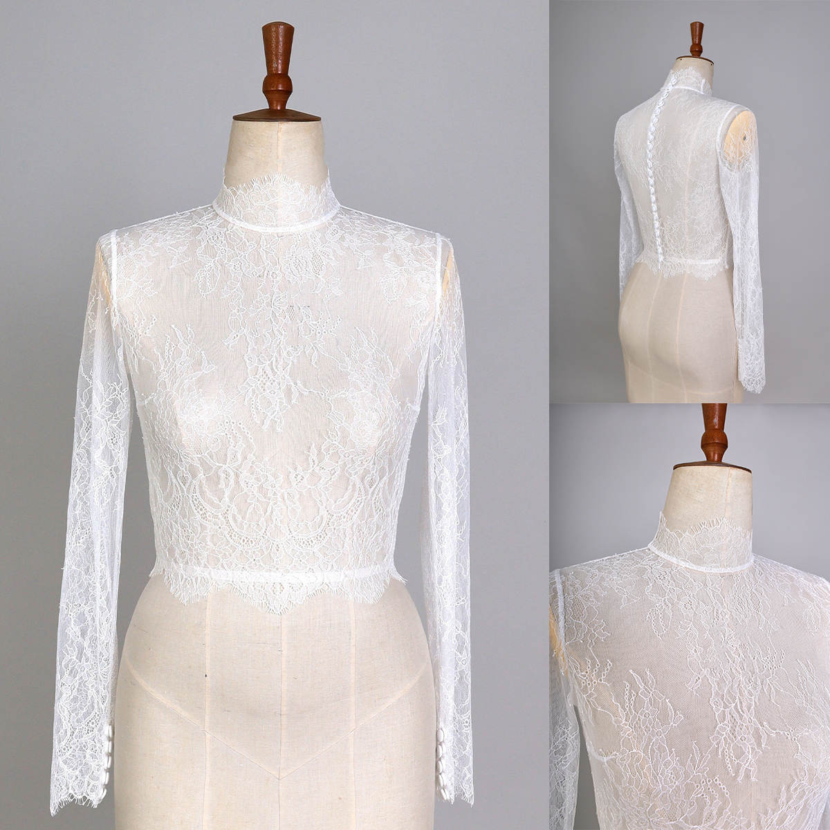 Illusion Appliques Lace High Neck Shawl Long Sleeve Button Bride Jackets For Strapless Bridal Dress Accessories Custom Made