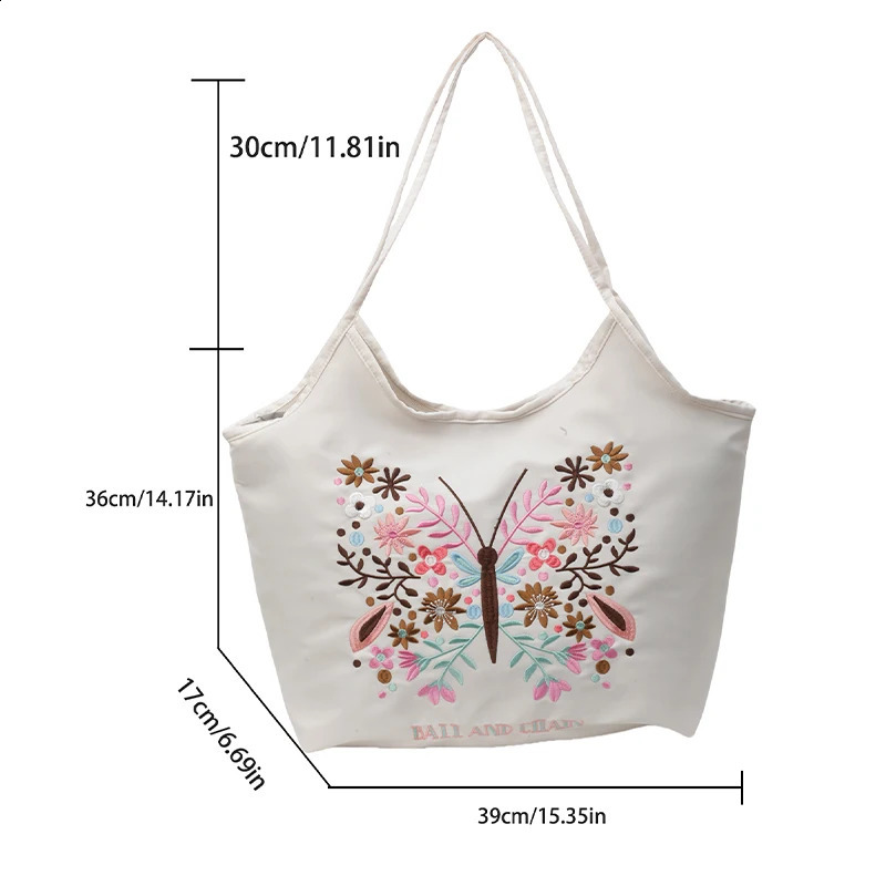 2024 Summer Fashionable Embroidered Shopping Bag Butterfly Style Single Shoulder Crossbody Handbag with Large Capacity 240906