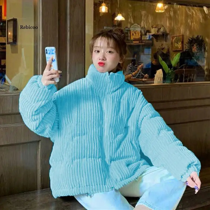 Winter Thicken Warm Jacket Women Korean Stand Collar Corduroy Parkas Female Pink Blue CottonPadded Short Coats 240907