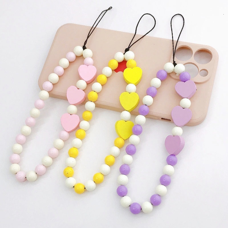 Yilian's new acrylic bead chain candy colored heart-shaped hanging anti fall hand rope phone case pendant