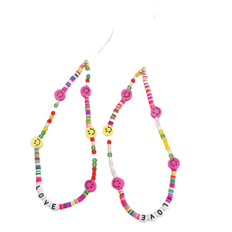 Yilian New Soft Ceramic Smiling Face Rope LOVE Letter Beaded Chain Phone Case Anti Drop Hanging Decoration Pendant