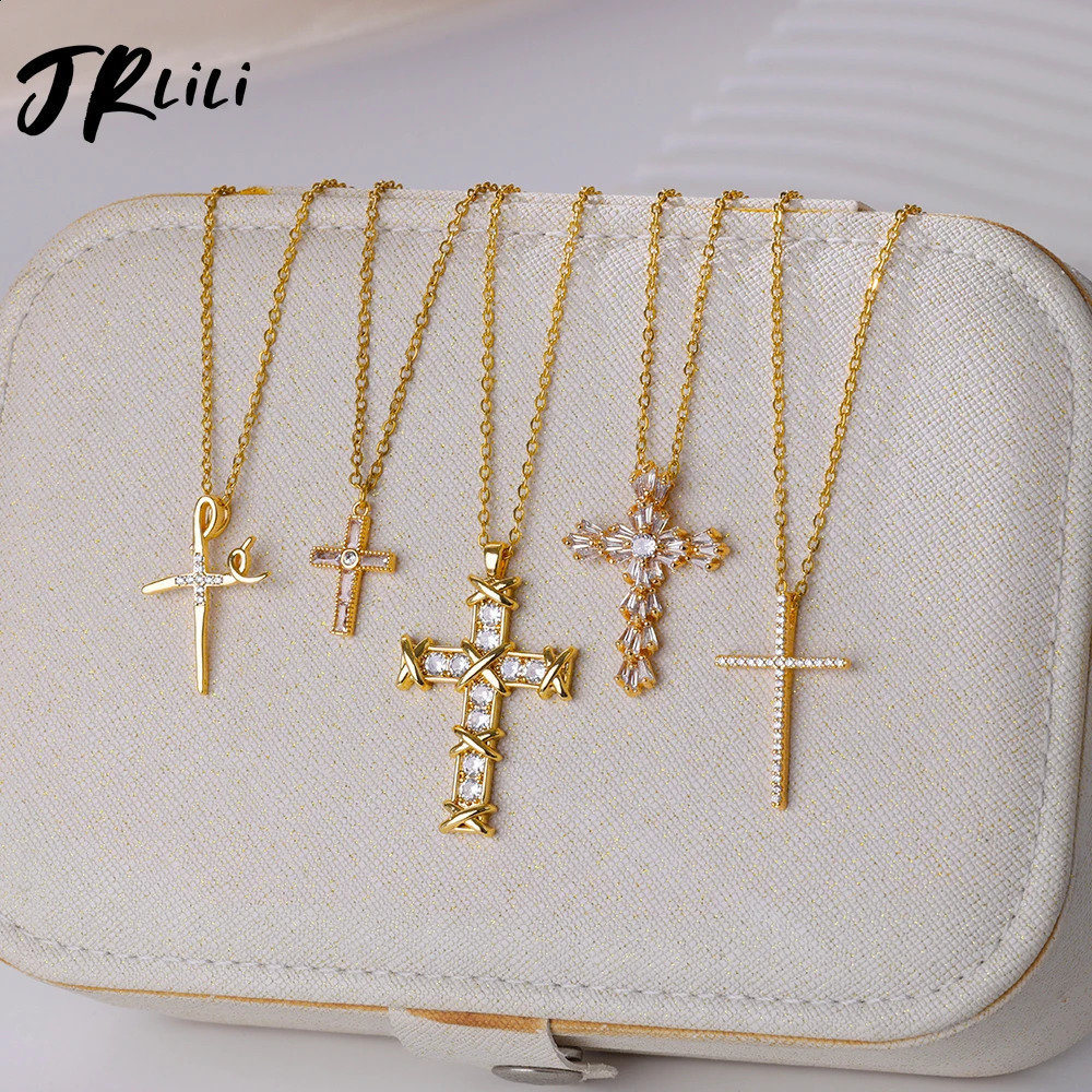 Zircon Cross Pendant Necklace Womens Gold Stainless Steel Necklace 2024 Trend Gothic Party Wedding Jewelry Gift 240906