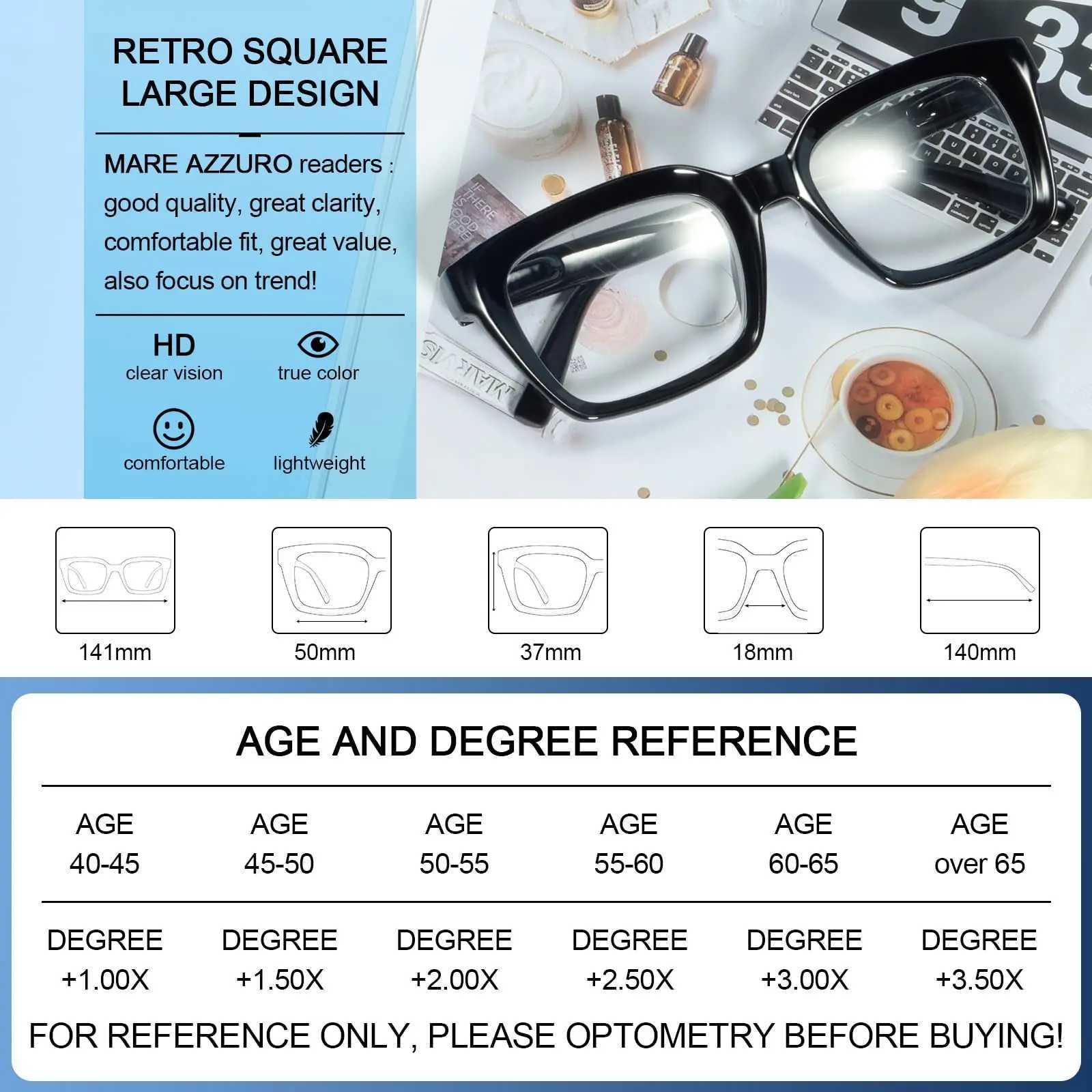 MARE AZZURO Retro Square Reading Glasses Mens Anti Glare Magnifying Glasses Large Reader+1.0 1.25 1.5 1.75 2.0 2.25 2.5 2.75 W240906