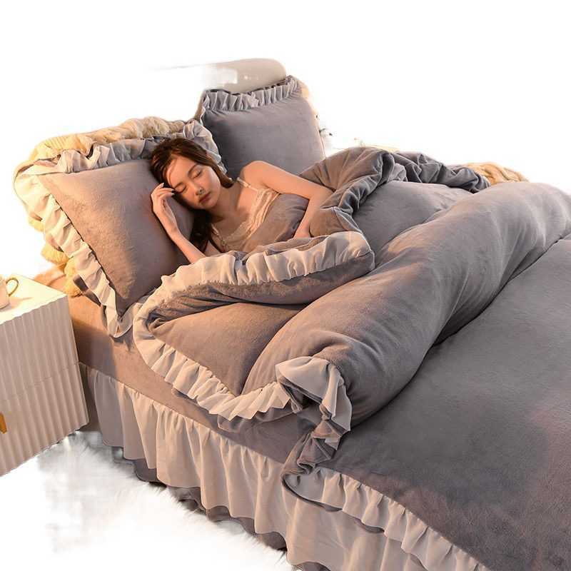 style double-sided PLUSH thickened milk PLUSH four piece bed sheet quilt cover coral PLUSH bedding autumn and winterX240907