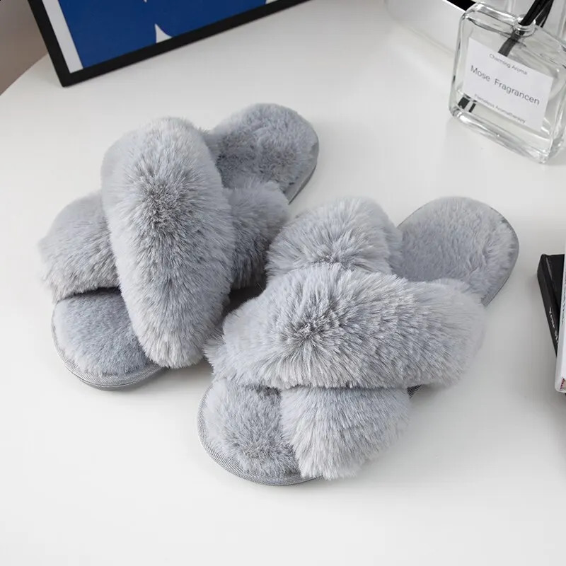 Feslishoet Women Fuzzy Slippers Cross Band Soft Plush Cozy House Shoes Furry Open Toe Indoor Outdoor Slip Warm Anti Skid Sole 240904