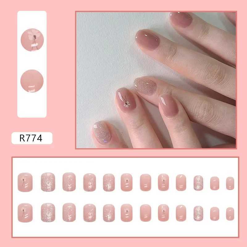 Nude False Nail Shining Gold Ripple Fine Pattern False Nail Removable Oval Full Cover Press Nail Tip Manual W240905