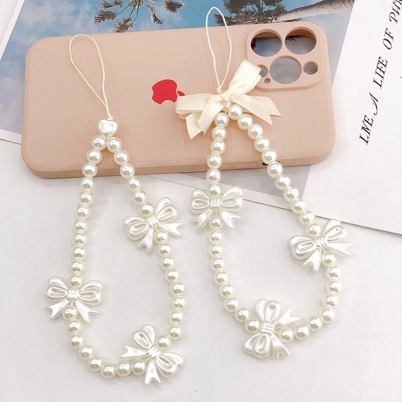 Yilian New Girl Heart Pearl Bow Hanging Rope Handmade Beaded Phone Chain Short USB Pendant for Women