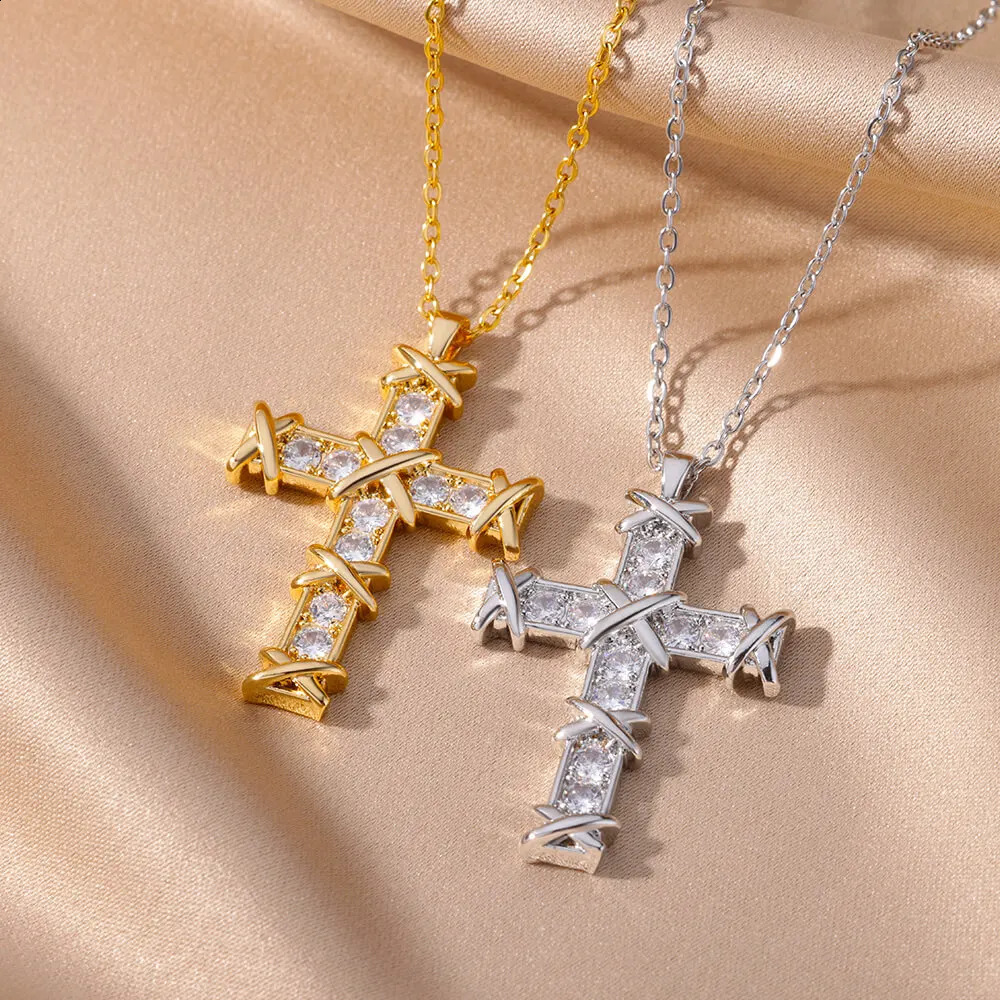 Zircon Cross Pendant Necklace Womens Gold Stainless Steel Necklace 2024 Trend Gothic Party Wedding Jewelry Gift 240906