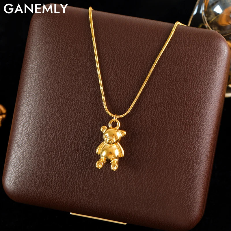 Ganemly 316L stainless steel gold cute bear pendant necklace womens fashion necklace chain waterproof jewelry gift necklace 240906