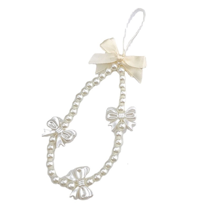 Yilian New Girl Heart Pearl Bow Hanging Rope Handmade Beaded Phone Chain Short USB Pendant for Women