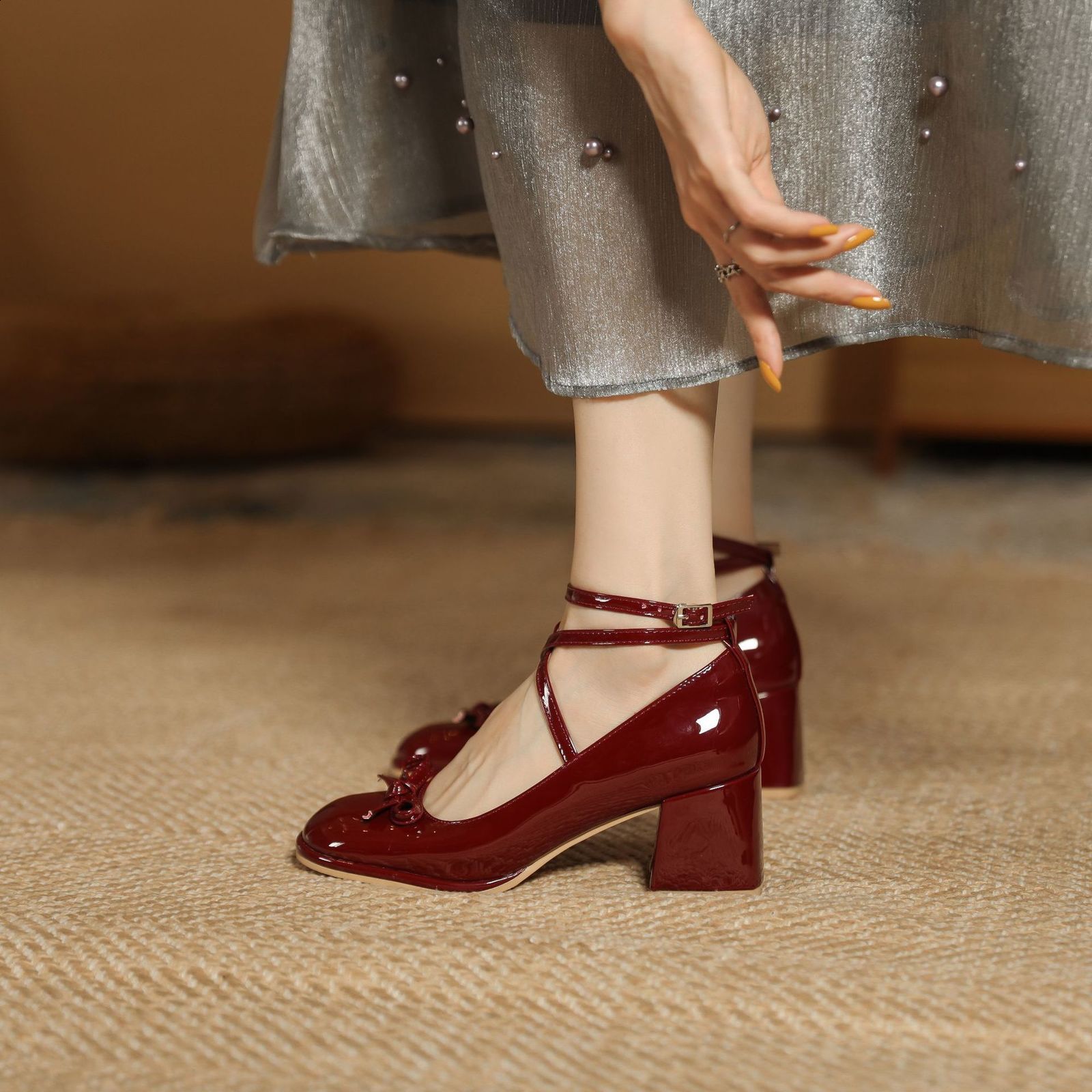 Red Mary Jane Women Pumps Thick High Heels Shoes Female Lolita Square Toe Shoes Spring Fashion Party Leather Woman Shoes 240617