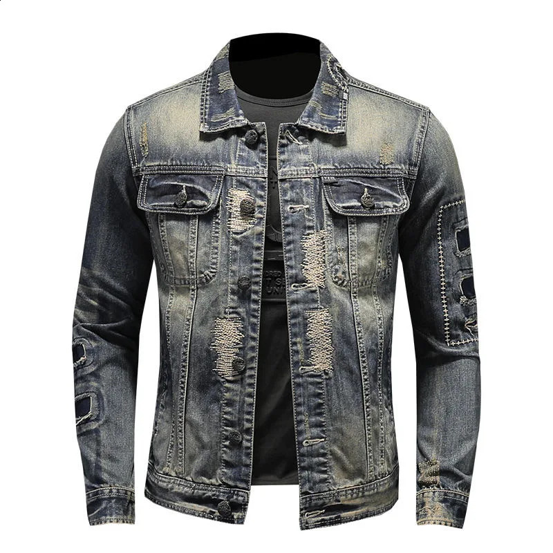 Spring/Summer Fashion Trend Tear Vintage Jeans Jacket Mens Casual Loose Comfortable High Quality Plus Size Jacket 240923bj