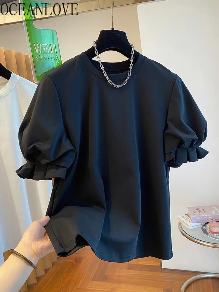 OCEANLOVE T Shirt for Women Puff Sleeve Solid Ruffles Sweet Spring Summer Ropa De Mujer Korean Fashion Retro Loose Tees 240906