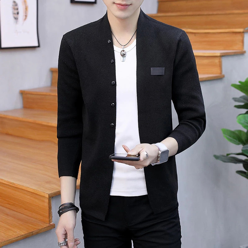 Autumn and Winter Mens Korean Fashion Solid Color Knitted Jacket Button Ultra Thin Open Sweater Top 240906
