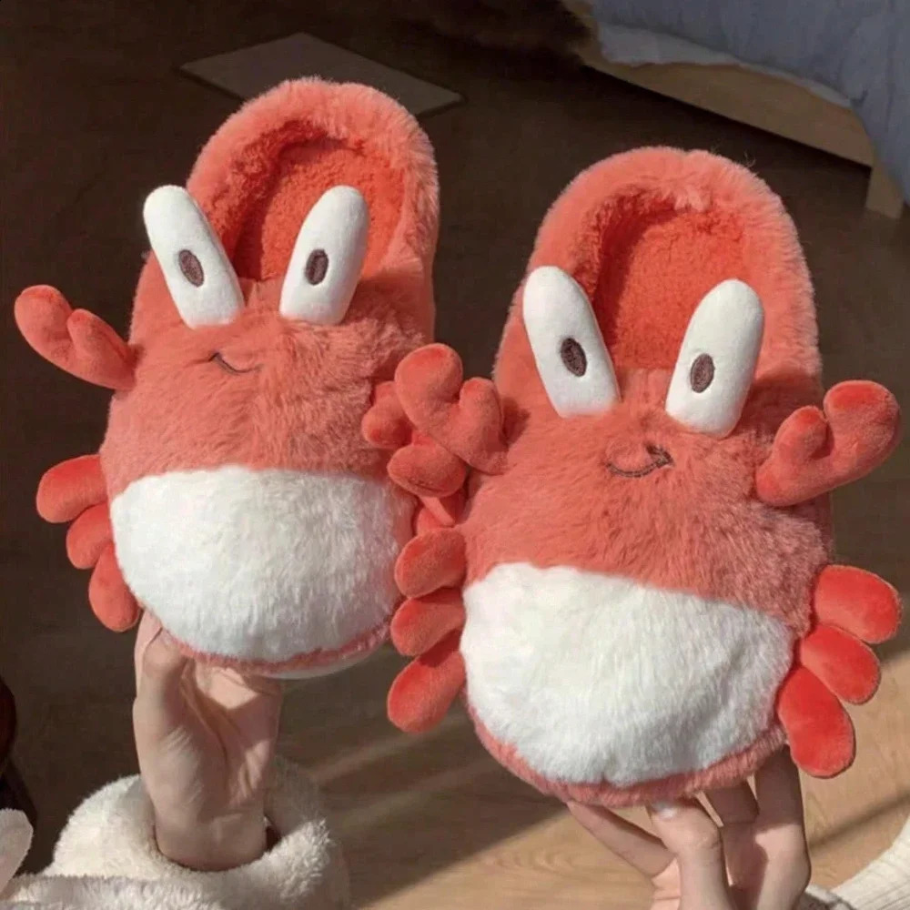 Cute Crab Winter Women Slipper Soft Heel Platform Fur Warm Indoor Comfortable Home Fluffy Home Slippers 240904