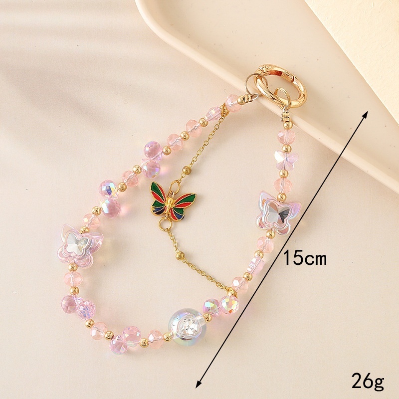 Creative new crystal bead ins versatile alloy butterfly pendant double chain mobile phone lanyard for women
