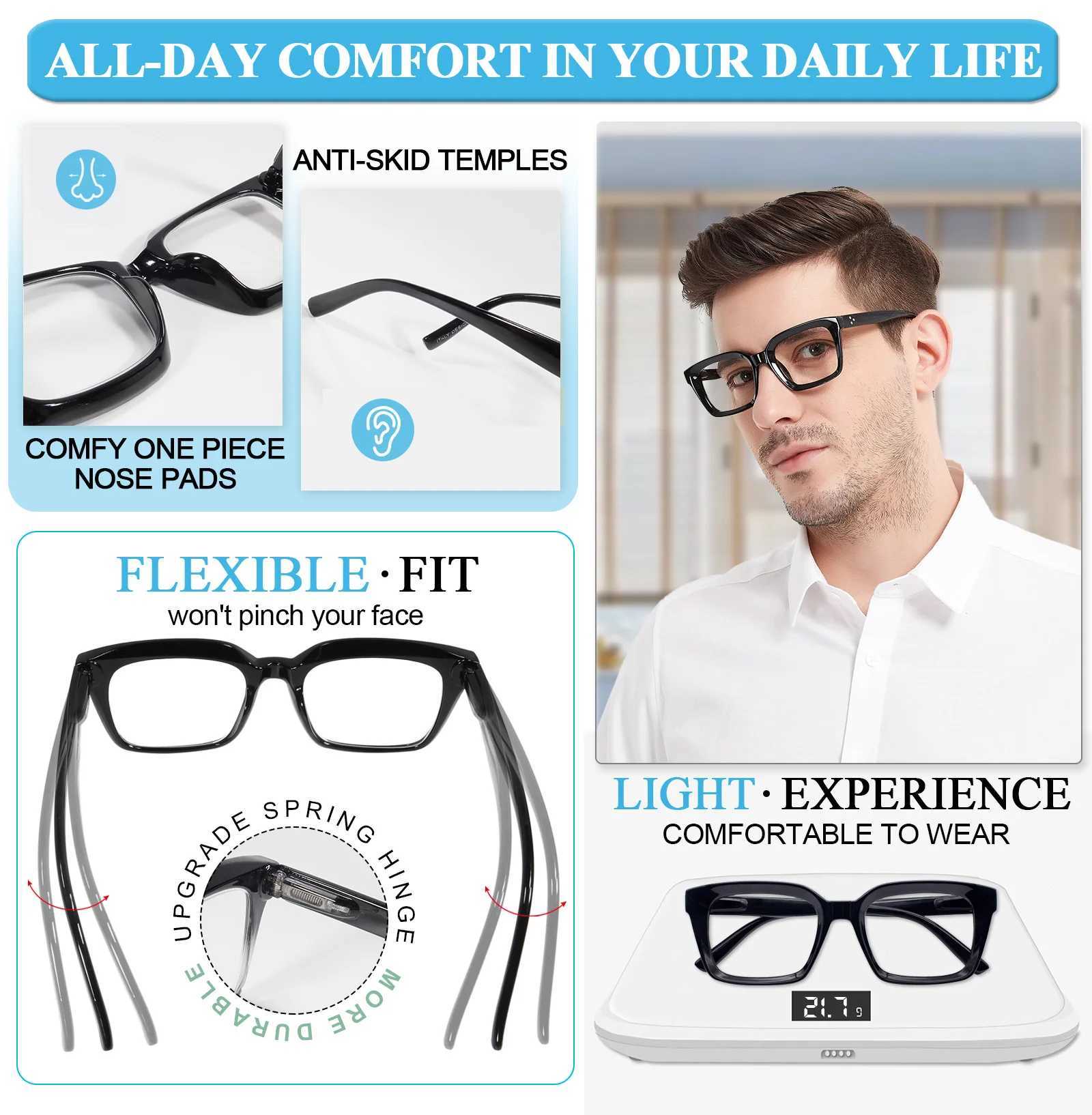 MARE AZZURO Retro Square Reading Glasses Mens Anti Glare Magnifying Glasses Large Reader+1.0 1.25 1.5 1.75 2.0 2.25 2.5 2.75 W240906