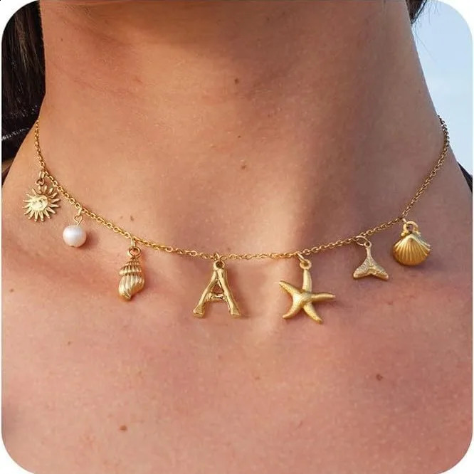 Surfer Girl Necklace Beach Jewelry Initial Necklace Girlfriend Seashell Letter Choker Womens Gift Starfish Pearl Accesorios 240906
