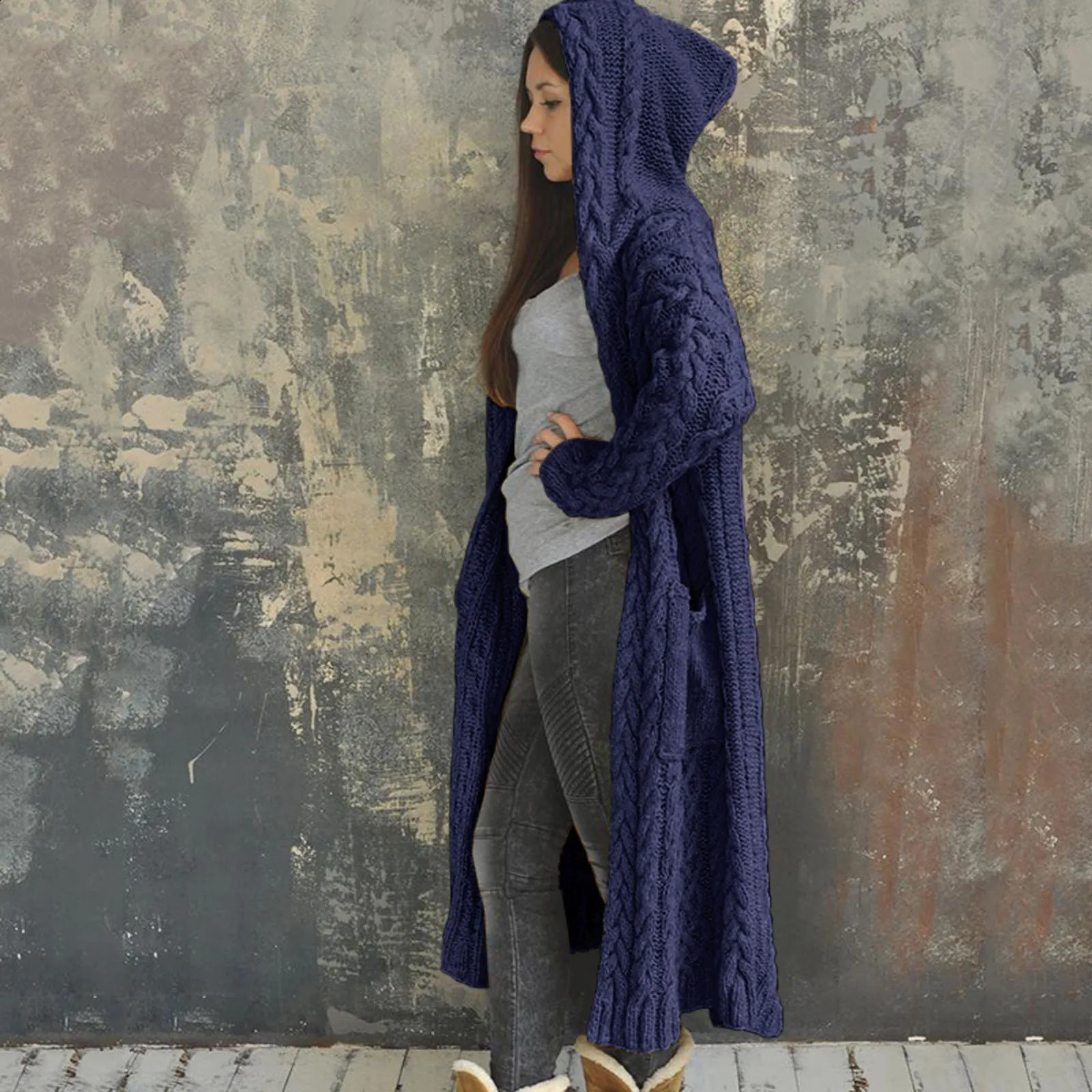 Thick warm red green long hooded cardigan jacket autumn winter soft comfortable knitted sweater 240906