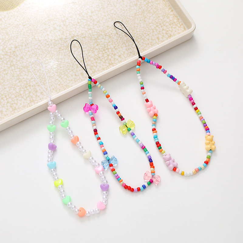 Beaded chain candy colored teddy bear bow mobile phone case hanging ornament anti fall hand rope for women