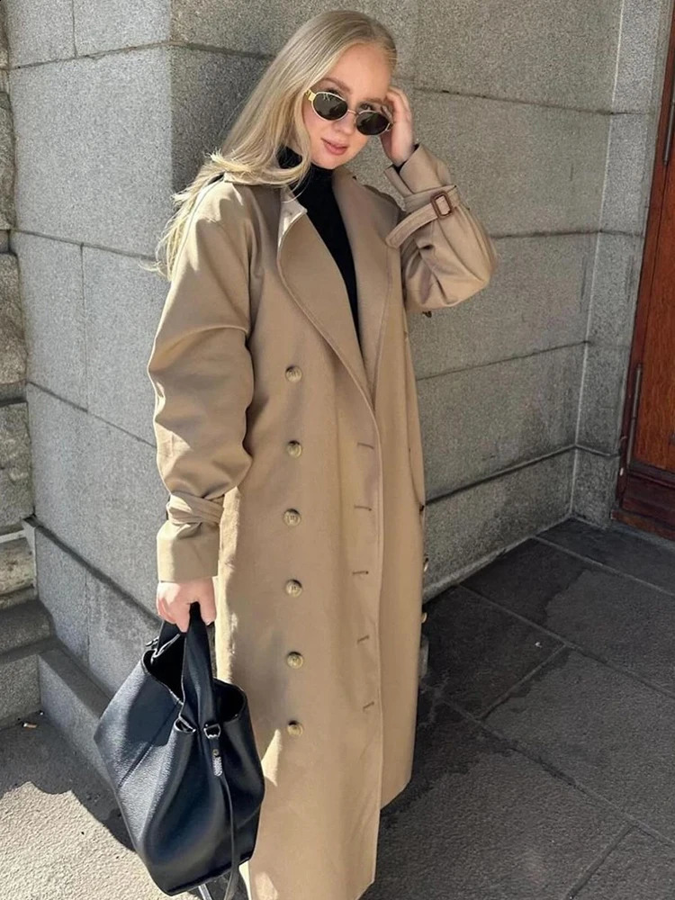 Khaki Lined Lapel Long Trench Coat Women Fashion Double Breasted Full Sleeves Jacket With Pocket Autumn Lady Commute Windbreaker 240906
