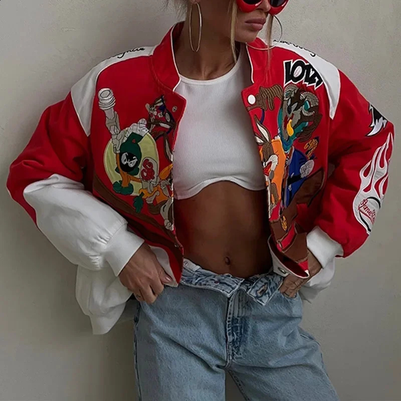 Europe Autumn and Winter Jacket Sports Style Red Printed Casual Loose Coat Women Jacket 240906