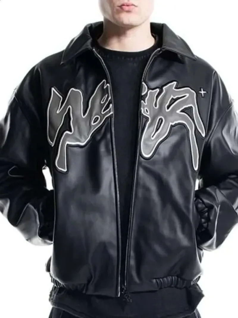 Graphic Embroidery Oversized PU Leather Jacket Y2K Clothing Jacket Mens Harajuku Hip Hop Letter Punk Rock Jackets Streetwear 240906