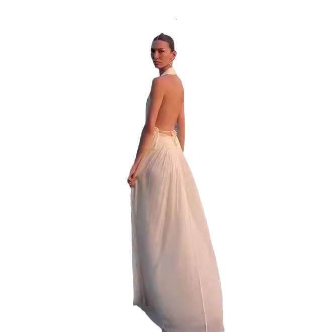 2024 spring/summer women's dress with elegant temperament, backless hanging neck top, pleated skirt set 8