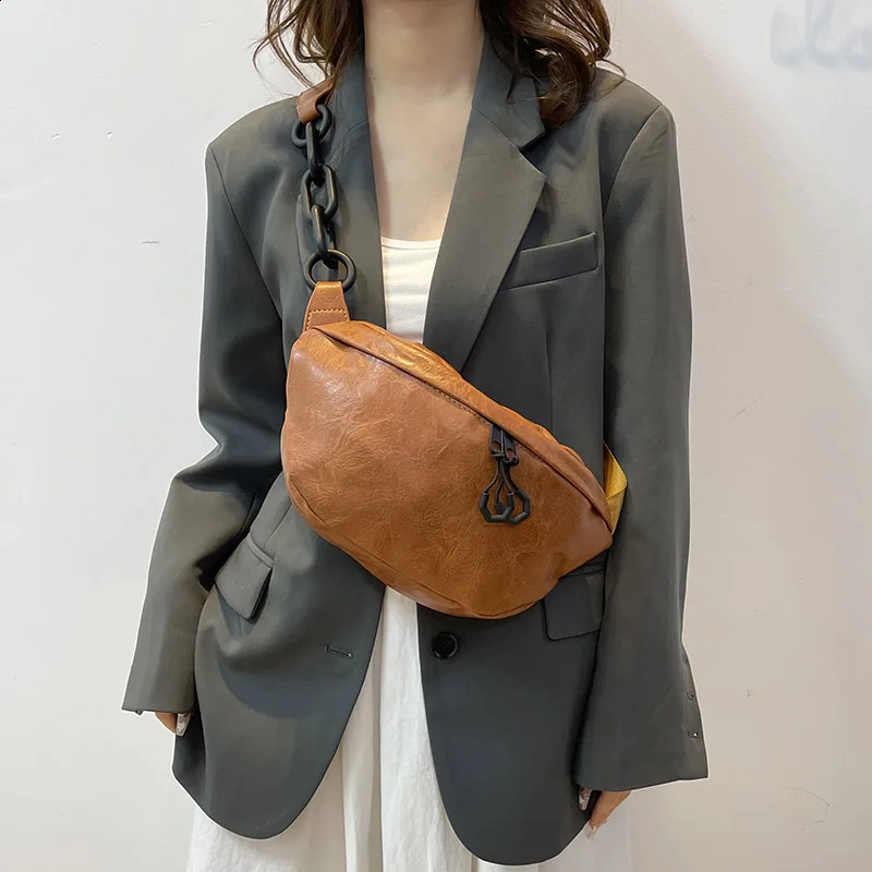 Soft PU Leather Waist Bag Women Quality Fanny Pack Thick Chain Shoulder Crossbody Chest Fashion Belt Bags Purses Packs 240906ZY
