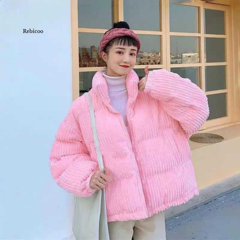 Winter Thicken Warm Jacket Women Korean Stand Collar Corduroy Parkas Female Pink Blue CottonPadded Short Coats 240907