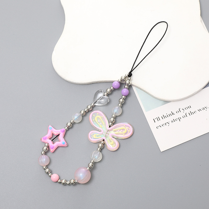 drawn Butterfly Chain Candy Color Phone Hanging Beaded Hand Rope Anti fall Wrist Strap Small Gift for Women