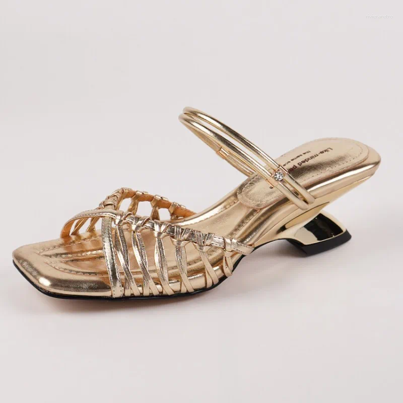 Dress Shoes Irregular 5.5cm Low Heel Outdoor Slippers European American Women's Summer Fashion Hollowed Out Glod Black Handmade Sandals