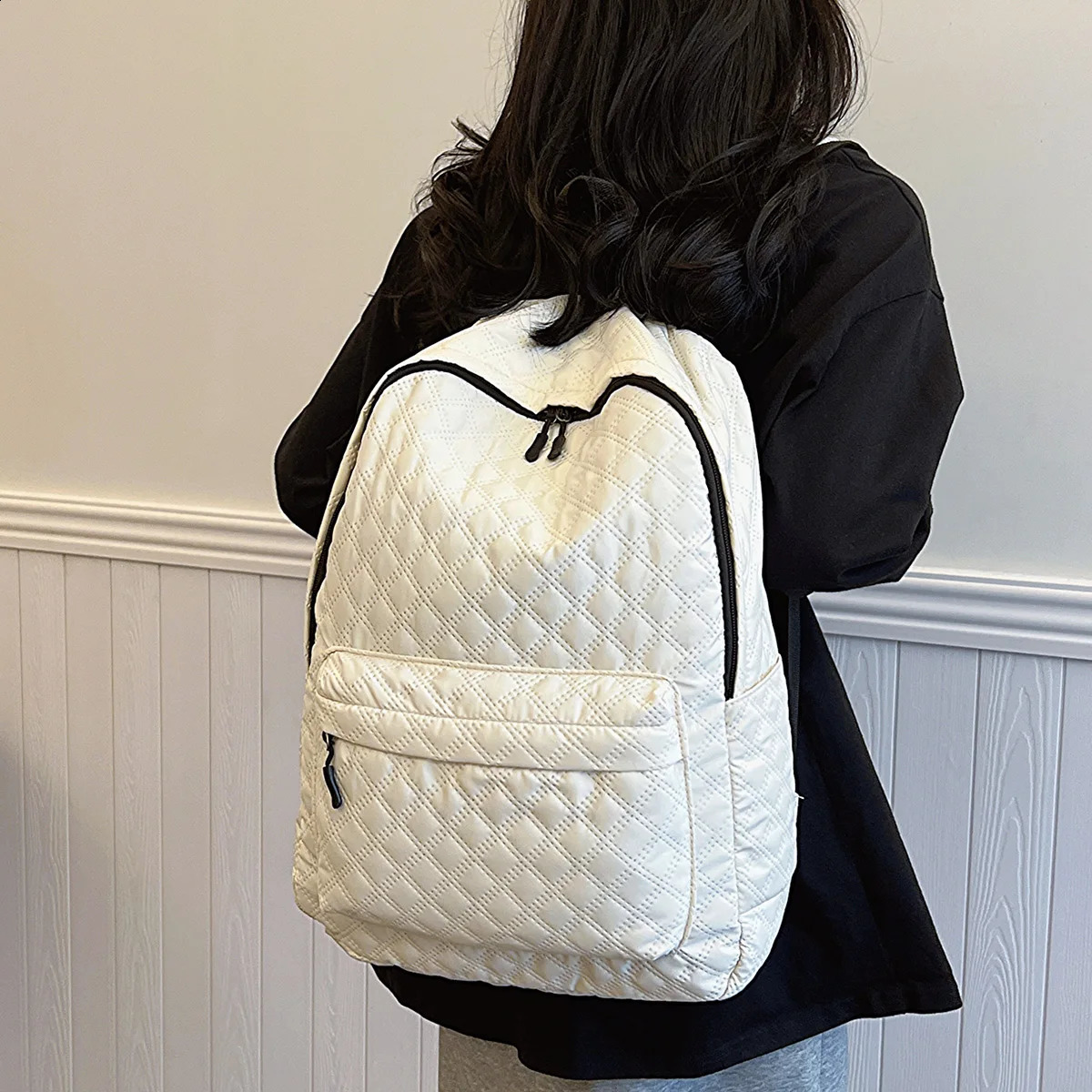 Stylish Simple Zipper Clre Solid Color Rhombus Backpack 240906