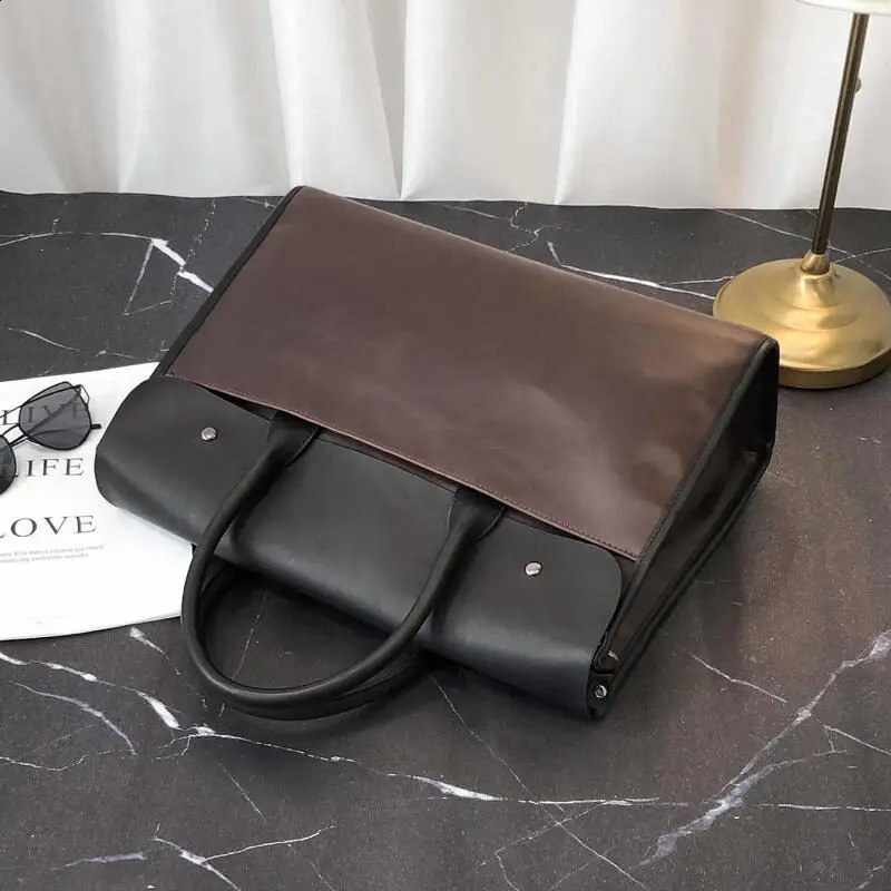 Mens briefcase tote bag mens shoulder PuCrazy Horse leather Korean messenger office large capacity laptop 240906