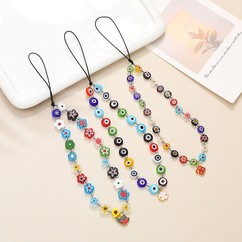 Ins style new colorful glass small flower bead mobile phone chain, mobile phone hanging rope, anti fall hanging decoration pendant