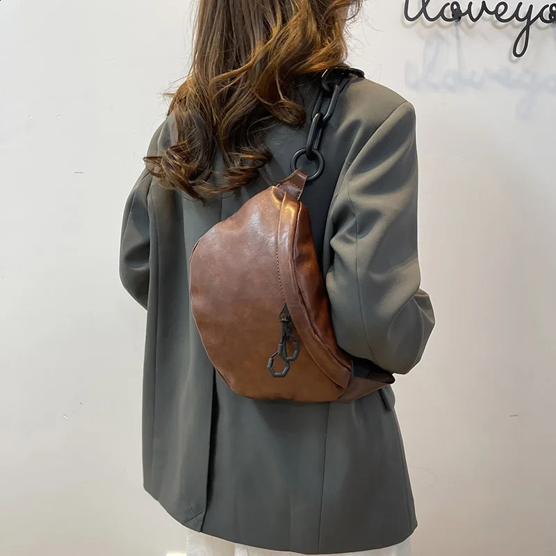Soft PU Leather Waist Bag Women Quality Fanny Pack Thick Chain Shoulder Crossbody Chest Fashion Belt Bags Purses Packs 240906ZY