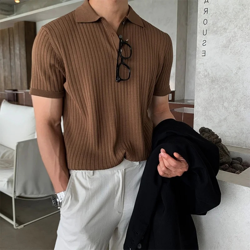Hong Kong Sle Lapel Polo Shirt Short sleeve Mens Fashion Loose Casual Summer Thin Solid Knit T-shirt Bottoming Shirt 240826