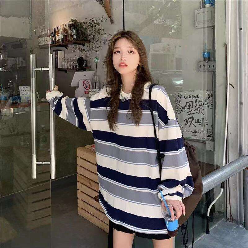 Thai internet celebrity t-shirt womens ins rainbow striped long sleeved top 2024 autumn wear Korean loose bottomed shirt