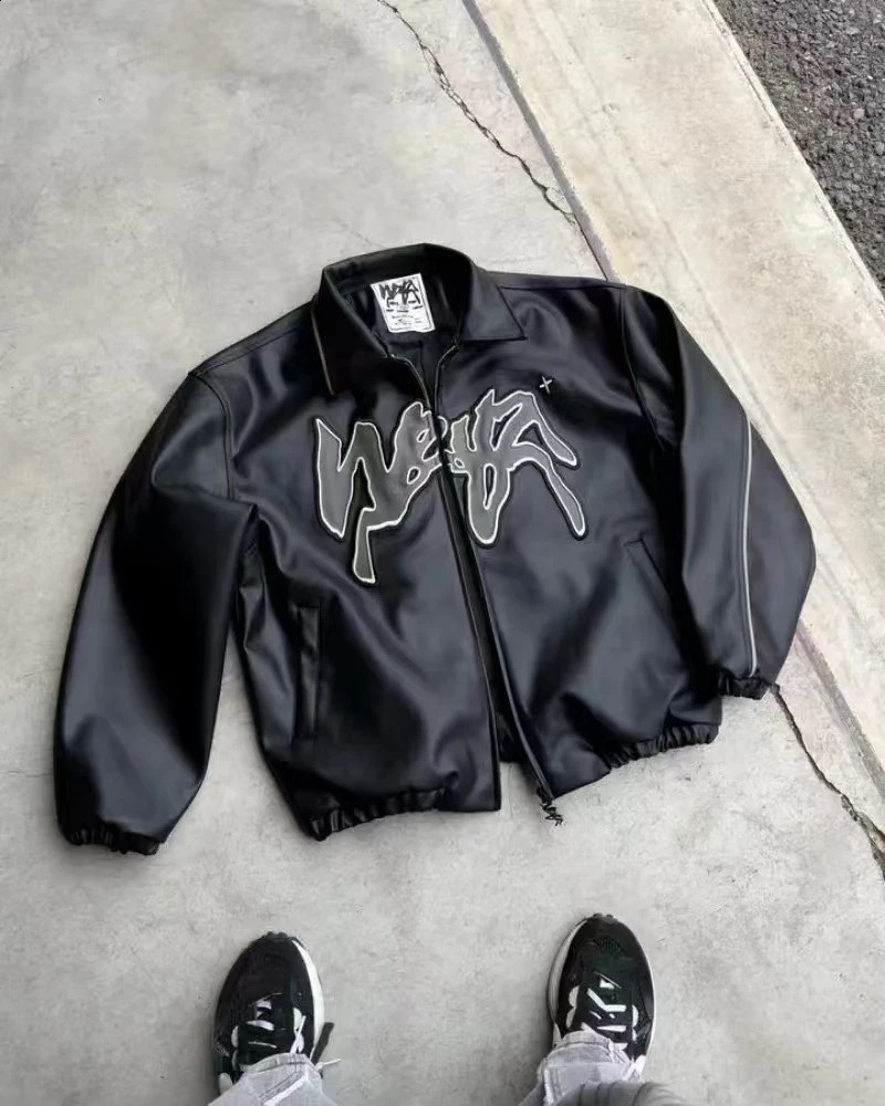 Graphic Embroidery Oversized PU Leather Jacket Y2K Clothing Jacket Mens Harajuku Hip Hop Letter Punk Rock Jackets Streetwear 240906