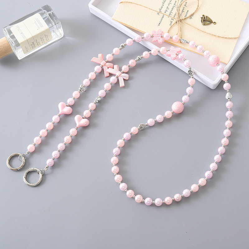 New pearl love bow crossbody chain, luggage keychain pendant, long phone hanging rope, can be carried and anti lost rope