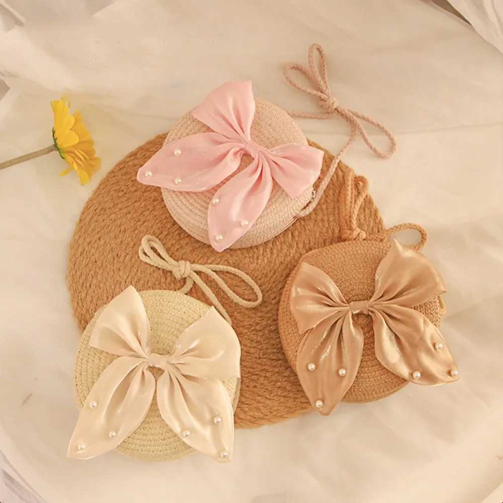 3-Color Preschool Girl Straw Cross Bag Cute Pearl Bow Round Shoulder Bag Mini Coin Wallet W240906