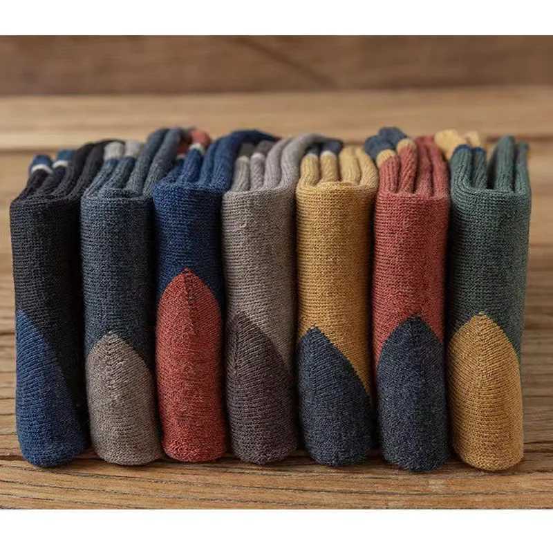 5 pairs of pure cotton mens short loop socks with winter stripes solid soft business towels warm party dresses long and happy socks Sokken W240905