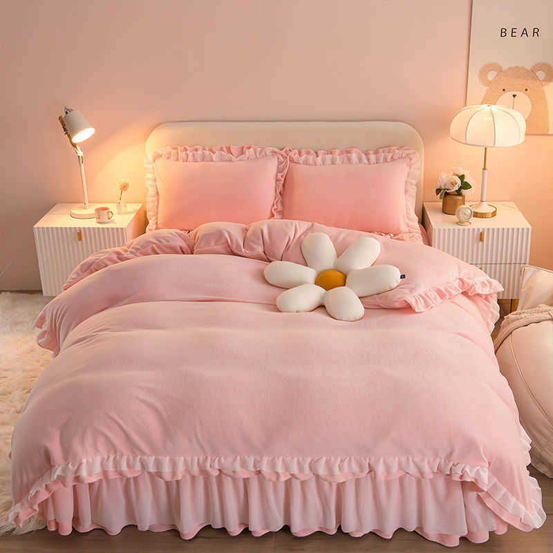 style double-sided PLUSH thickened milk PLUSH four piece bed sheet quilt cover coral PLUSH bedding autumn and winterX240907