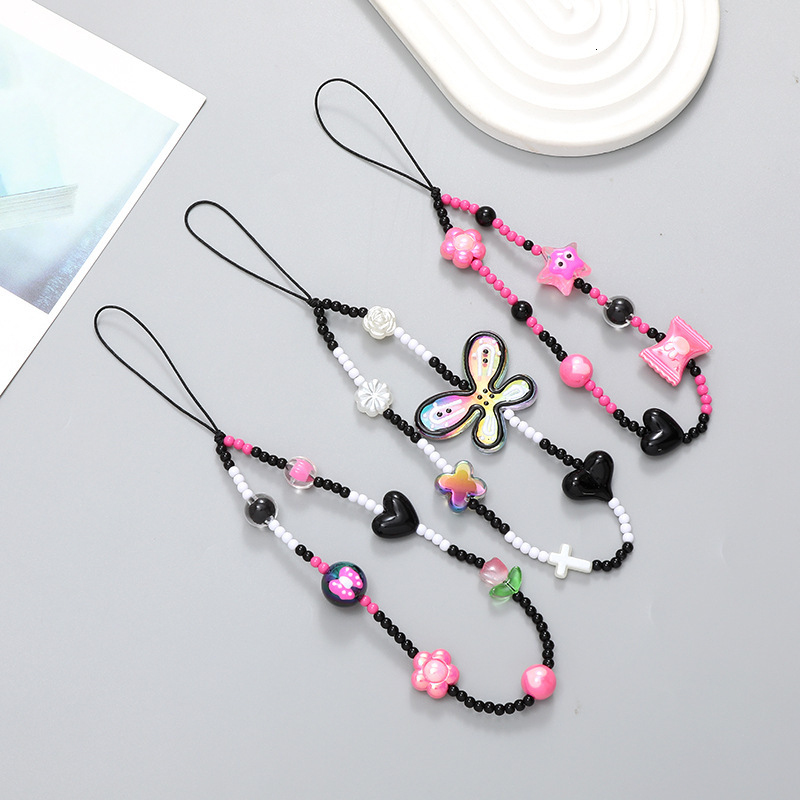 INS Pink Millennium Style Y2K Sweet Spicy Girl Phone Beaded Mobile Cordage Portable Hanging Chain Pendant Female