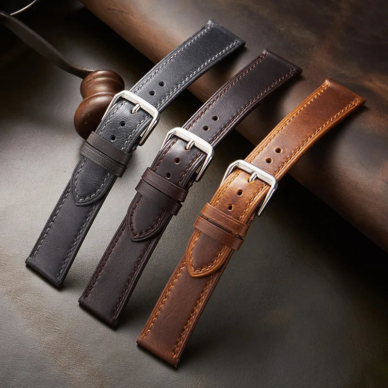 Hand-crafted Italian double-sided leather strap Vintage Oil waxskin color-changing brown Grey watch strap 18/19/20/21/22mm 240906