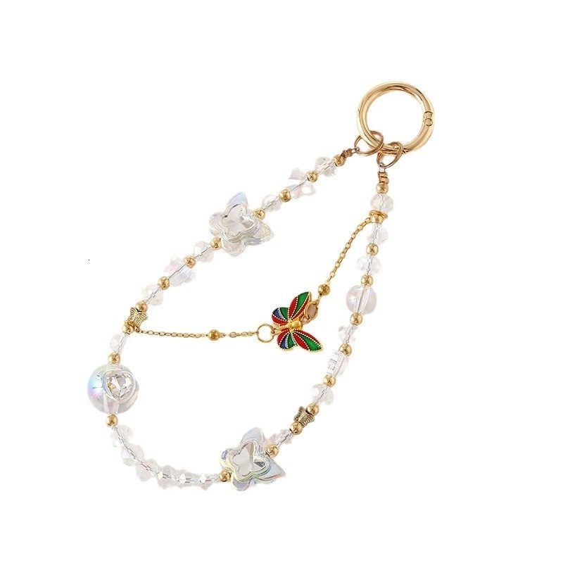 Creative new crystal bead ins versatile alloy butterfly pendant double chain mobile phone lanyard for women