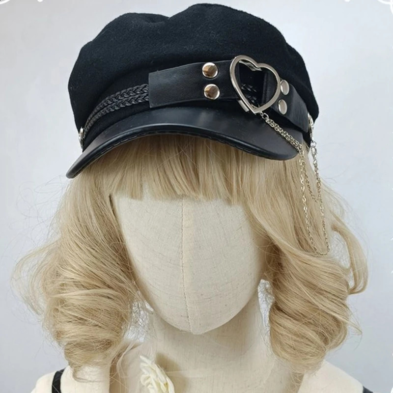 Lolita Girls Felt Beret Cap with Love Heart Buckle Belt Womens Fashion Tassel Chain Octagonal Hat Adult Party Role Playing Hat 240829