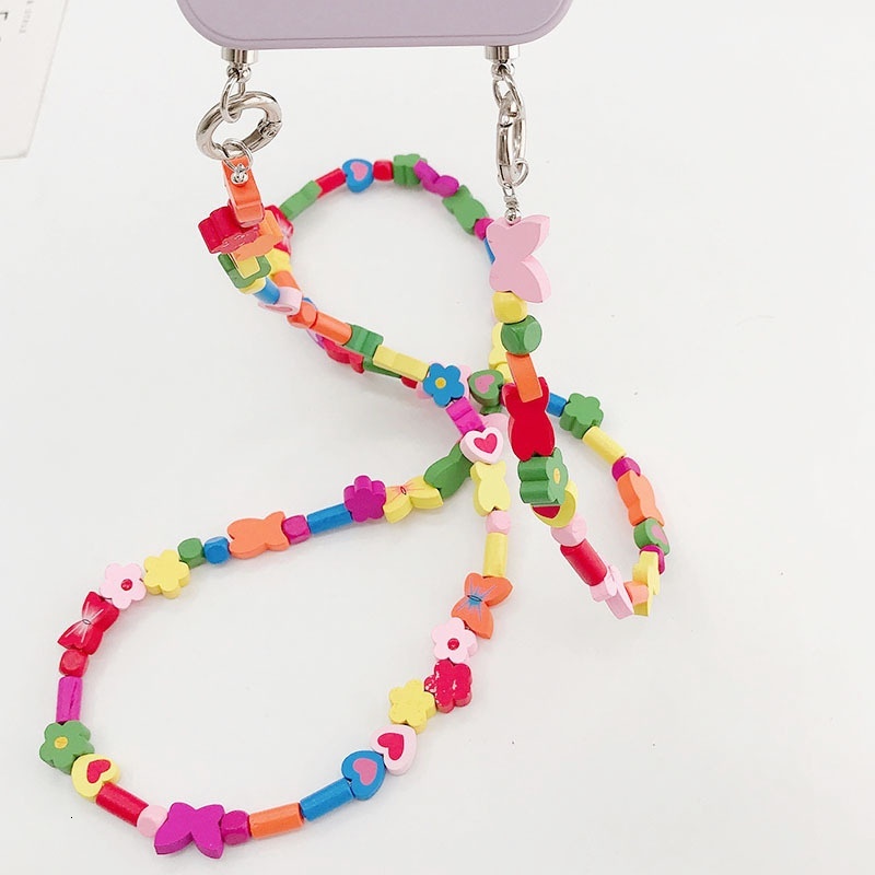 Yilian new colorful wooden bead butterfly diagonal cross phone case hanging chain shoulder strap pendant decoration